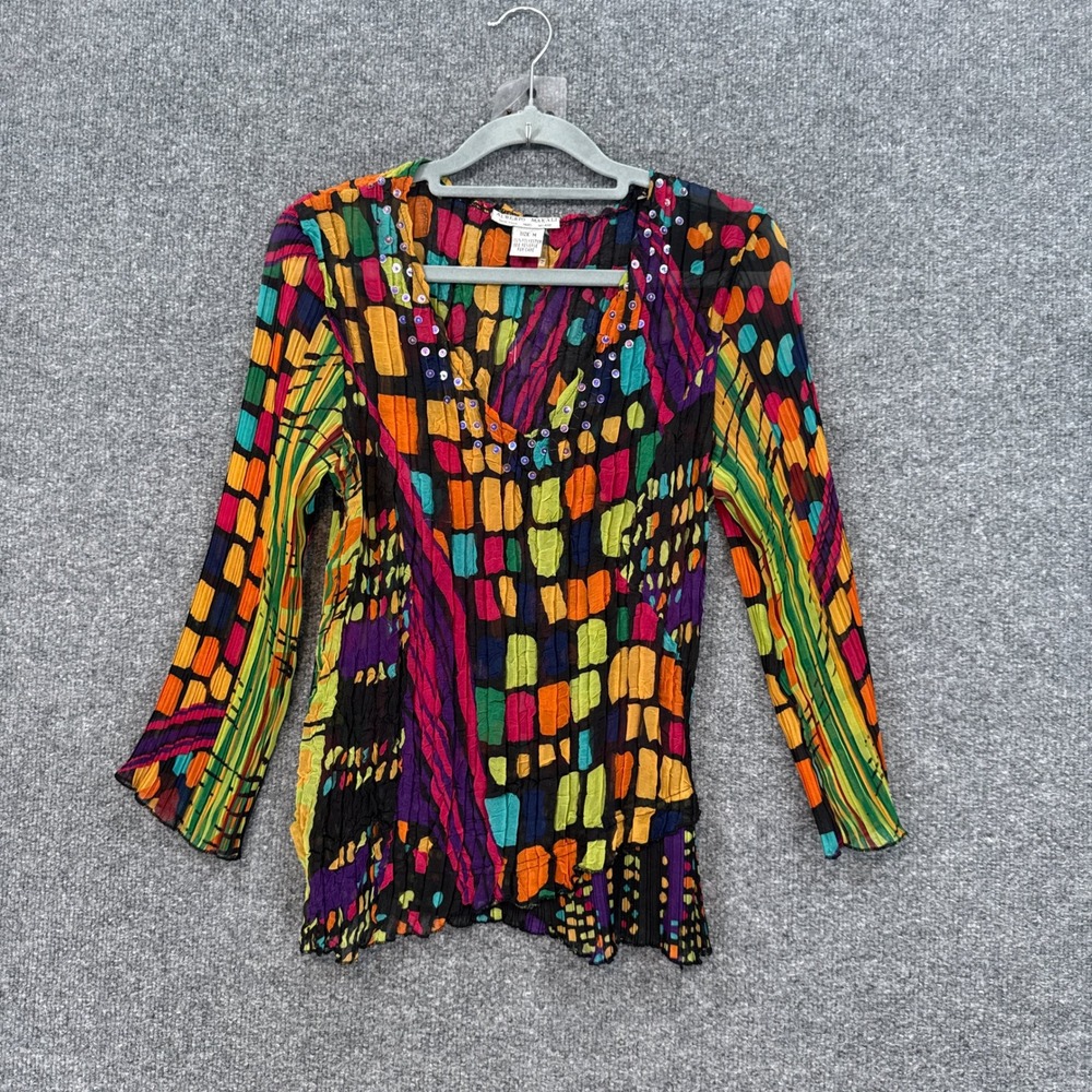 Alberto Makali Blouse Womens Medium Multicolor Sequin Vneck Artsy Pleated Y2K